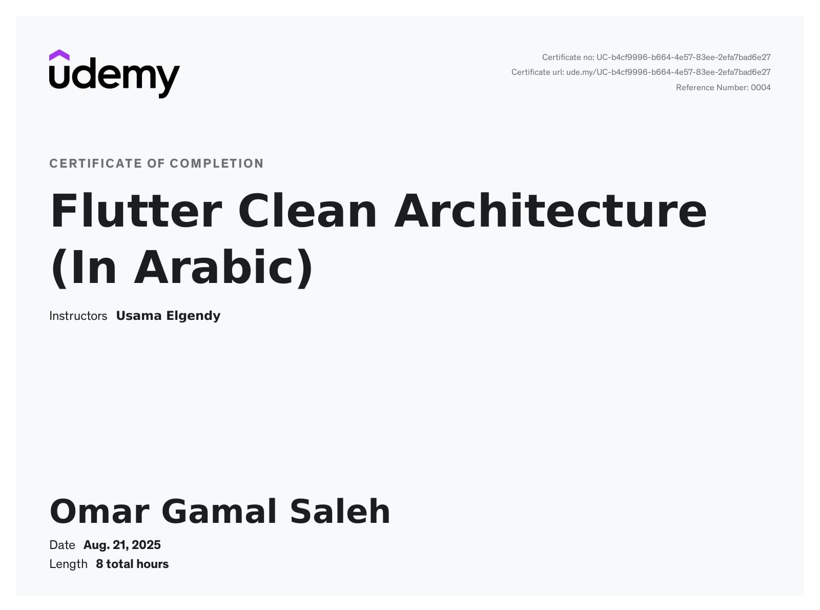 Flutter Clean Architecture certificate