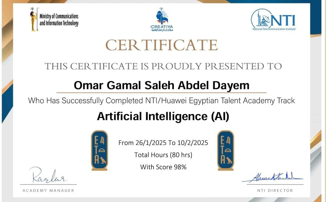 AI Internship certificate