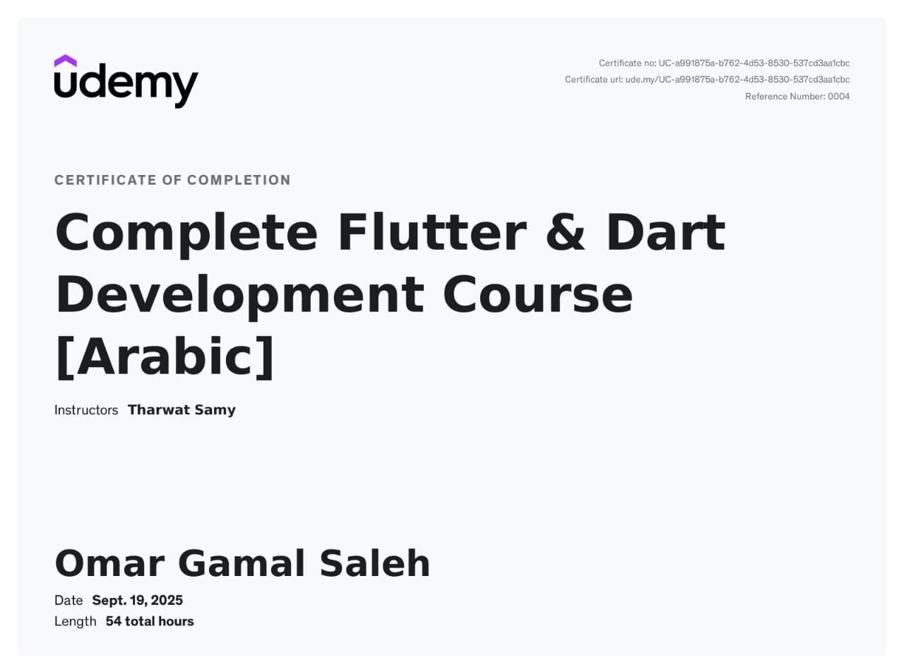 Complete Flutter & Dart Development Course certificate